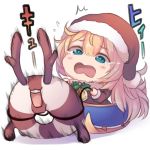  1girl bell blonde_hair blue_eyes chibi commentary_request dyson_(edaokunnsaikouya) enemy_lifebuoy_(kantai_collection) eyebrows_visible_through_hair gambier_bay_(kantai_collection) hair_between_eyes hat horns kantai_collection long_hair open_mouth red_hat santa_costume santa_hat white_background 