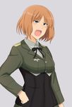  bangs black_ribbon blue_eyes blush brave_witches breasts brown_hair cocked_eyebrow collared_shirt corset cowboy_shot grey_background gundula_rall hand_on_hip hiroshima_gigigi long_sleeves medium_breasts military military_uniform open_mouth parted_bangs ribbon shirt short_hair shouting solo teeth uniform world_witches_series 