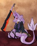  2016 4_fingers anthro big_breasts biped breasts claws clothed clothing colored digital_drawing_(artwork) digital_media_(artwork) dragon ears_up female fur furred_dragon hair hand_on_leg horn legwear looking_at_viewer melee_weapon monster multicolored_fur multicolored_tail purple_fur red_eyes runes shadry-chan sitting smile solo sword tail_tuft text tight_clothing tuft two_tone_fur weapon white_fur 