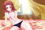  areolae arm_support breasts cleavage curtains girls_und_panzer groin highres lens_flare navel nipples on_bed panties partially_undressed pink_hair rosehip sitting sitting_on_bed sketch smile solo thighs topless underwear window yellow_eyes 