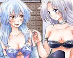  blue_eyes blue_hair blush bra bra_pull breasts choker cleavage collarbone commentary_request kamishirasawa_keine large_breasts long_hair looking_at_another multiple_girls no_hat no_headwear orange_eyes silver_hair sweat touhou underwear unya upper_body yagokoro_eirin yuri 