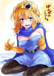  bare_shoulders blonde_hair blue_eyes breasts cape cleavage commentary dragon_quest dragon_quest_iii elbow_gloves fishnets gem gloves jester_(dq3) jewelry large_breasts looking_at_viewer open_mouth pantyhose single_earring sitting solo tiara translated unya yellow_gloves 