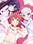  animal_ears annie_hastur armpits atg_(wttoo0202) blue_skin blush breasts cat_ears flat_chest green_eyes grin hair_ribbon heart highres league_of_legends lingerie looking_at_viewer lulu_(league_of_legends) lying midriff multiple_girls navel off_shoulder open_mouth orange_eyes panties petals purple_hair purple_skin red_hair revision ribbon small_breasts smile tristana underwear white_hair yordle 