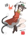  animal_ears arm_up bow bowtie brown_eyes brown_footwear brown_hair cat_ears cat_girl cat_tail character_name chen dated fang frilled_skirt frills full_body green_hat hat inuno_rakugaki jewelry long_sleeves looking_at_viewer mob_cap multiple_tails open_mouth red_skirt red_vest shirt shoes short_hair single_earring skirt smile solo tail touhou two_tails vest white_legwear white_shirt yellow_bow yellow_neckwear 