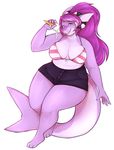  anthro bikini clothed clothing cutievomit dessert elmelie female fish food hair horn ice_cream long_hair looking_at_viewer marine obese overweight shark smile solo swimsuit 