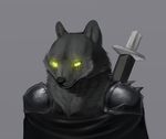  anthro armor canine clothed clothing fur happy-cat male mammal melee_weapon no_pupils simple_background solo standing sword weapon 