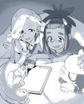  bangs_pinned_back dark_skin dark_skinned_male eyebrows_visible_through_hair eyes_visible_through_hair gen_2_pokemon gen_7_pokemon gloves greyscale hair_ornament hair_over_one_eye hairclip hau_(pokemon) ilima_(pokemon) lying male_focus monochrome multiple_boys on_stomach partly_fingerless_gloves pointing pokemon pokemon_(creature) pokemon_(game) pokemon_sm shirt smeargle smile sweater_vest t-shirt tablet topknot trial_captain under_covers yungoos yutaka7 