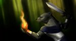  anthro armor canine clothed clothing fire forest fur happy-cat magic male mammal melee_weapon solo sword tree weapon 