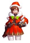  alternate_costume bangs bell belt belt_pouch bow bowtie brown_eyes brown_hair capelet christmas closed_mouth cowboy_shot dress elbow_gloves fur-trimmed_gloves fur_gloves fur_trim glasses gloves green_bow green_neckwear hand_on_hip hat long_sleeves looking_at_viewer mei_(overwatch) nose overwatch pantyhose pimo_(pinkmojitodiary) pink_lips pleated_skirt pom_pom_(clothes) pouch red-framed_eyewear red_hat red_skirt santa_costume santa_hat short_hair sidelocks simple_background skirt skirt_set solo swept_bangs white_background white_legwear 