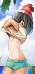  beanie black_hair breasts crossed_arms green_shorts grey_eyes hat highres hinghoi hot looking_at_viewer mizuki_(pokemon) navel nipples no_bra ocean pokemon pokemon_(game) pokemon_sm short_hair shorts small_breasts solo sweat tan tanline undressing 