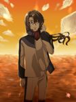  absurdres brown_hair cloud cowboy_shot grey_eyes highres horizon jacket long_hair long_sleeves male_focus minashiro_soushi ocean pants ponytail sakura_(pixiv_21179378) scar scar_across_eye shiny shiny_hair sky solo soukyuu_no_fafner sunset twilight uniform wading 