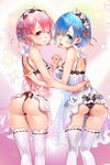  ass back bare_arms bare_shoulders black_panties black_ribbon blue_dress blue_eyes blue_hair blue_ribbon blurry blush bow breasts cameltoe chemise chushengdao closed_mouth covered_nipples dress dress_lift frills from_behind hair_ornament hair_over_one_eye hairband heart heart_background highres holding_hands interlocked_fingers kneepits lifted_by_another looking_at_viewer looking_back medium_breasts multiple_girls nipples open_mouth panties pink_background pink_dress pink_eyes pink_hair pink_ribbon ram_(re:zero) re:zero_kara_hajimeru_isekai_seikatsu rem_(re:zero) ribbon ribbon-trimmed_thighhighs ribbon_trim see-through shiny shiny_hair shiny_skin short_dress short_hair siblings sideboob sisters sleeveless sleeveless_dress small_breasts smile snowflakes sparkle standing thigh_gap thighhighs thong tongue twins underwear white_bow white_legwear x_hair_ornament 
