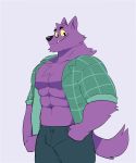  2017 abs anthro bernard_(ok_k.o.!_lbh) biceps big_muscles canine cartoon_network chest_tuft clothed clothing fur looking_at_viewer male mammal muscular navel o-ro ok_k.o.!_let&#039;s_be_heroes open_shirt pants pecs plaid purple_fur purple_nose shirt simple_background smile solo standing tuft were werewolf white_background wolf yellow_sclera 