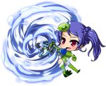  1girl blue_hair breasts chibi cosplay female garada_k7 gloves hat kappa leotard long_hair ponytail red_eyes robot_girls_z side_ponytail smile solo water weapon 