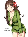  2016 alternate_costume amagi_(kantai_collection) breasts brown_eyes brown_hair casual celestea_tera collarbone cowboy_shot dated dress flower green_sweater hair_flower hair_ornament highres kantai_collection large_breasts leaning_forward long_hair mole mole_under_eye open_mouth ponytail solo sweater sweater_dress thighs twitter_username 