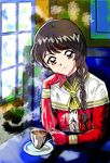  black_hair bow braid capelet cropped_jacket cup haimer hair_bow hand_on_own_chin head_tilt holding holding_cup indoors jacket long_hair looking_at_viewer mitsumete_knight raizze_haimer red_bow red_eyes red_jacket saucer shirt single_braid smile solo white_shirt window 