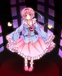  bad_id bad_pixiv_id blouse blue_blouse blush daburu_(rolongpanther) eyebrows_visible_through_hair frilled_skirt frilled_sleeves frills hairband highres komeiji_satori pink_eyes pink_hair pink_skirt skirt sleeves_past_wrists smile solo third_eye touhou wide_sleeves 