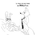  2016 anthro black_and_white canine clothed clothing dialogue disney duo english_text eye_contact eyewear fox glasses innuendo lagomorph male mammal monochrome nick_wilde rabbit replytoanons simple_background sitting text white_background zootopia 