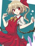  bad_id bad_pixiv_id bangs blonde_hair blush bow bowtie collared_shirt cowboy_shot crystal dress_shirt eyebrows_visible_through_hair flandre_scarlet hands_up highres looking_at_viewer puffy_short_sleeves puffy_sleeves red_bow red_eyes red_skirt red_vest shirt short_sleeves side_ponytail skirt solo spread_wings star swav touhou vest white_shirt wings wrist_extended yellow_bow yellow_neckwear 