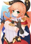  belt black_gloves black_legwear blush breasts brown_hair cape clarisse_(granblue_fantasy) gloves granblue_fantasy green_eyes hair_ribbon hidaka0503 highres long_hair looking_at_viewer medium_breasts open_mouth ponytail ribbon skirt sleeveless smile solo thighhighs turtleneck 