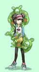  black_eyes black_legwear brown_hair closed_eyes double_bun full_body gen_5_pokemon green_background leg_hug legs long_hair long_sleeves mei_(pokemon) pantyhose pleo poke_ball_theme pokemon pokemon_(creature) pokemon_(game) pokemon_bw2 raglan_sleeves reuniclus shadow shirt shoes shorts simple_background sneakers solo standing twintails visor_cap yellow_shorts 