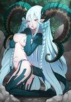  1girl blue_eyebrows blue_hair braid breasts cleavage curled_horns fate/grand_order fate_(series) hair_censor highres horns k_jin kneeling long_hair looking_at_viewer navel open_mouth pointy_ears purple_eyes solo tail tattoo teeth tiamat_(fate/grand_order) very_long_hair waifu2x 