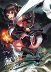  :d aircraft airplane armpits black_gloves black_skirt blush boots brown_eyes brown_hair commentary_request double_bun dutch_angle elbow_gloves explosion fairy_(kantai_collection) fingerless_gloves gloves hair_ornament highres holding holding_torpedo kantai_collection light_cruiser_oni long_hair long_sleeves looking_at_viewer looking_back night night_battle_idiot night_sky number10_(hagakure) ocean open_mouth panties pantyshot pleated_skirt remodel_(kantai_collection) scarf school_uniform sendai_(kantai_collection) serafuku skirt sky smile squatting sweat tomonaga_squadron_pilot_(kantai_collection) tongue tongue_out torpedo two_side_up underwear white_scarf 