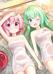  ;d armpits bangs bare_shoulders blue_eyes blush breasts cleavage collarbone green_hair highres holding_hands komeiji_koishi komeiji_satori long_hair looking_at_viewer lying multiple_girls naked_towel ominaeshi_(takenoko) on_back one_eye_closed open_mouth parted_lips partially_submerged pink_eyes pink_hair short_hair siblings sisters small_breasts smile touhou towel 