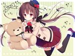  black_legwear blush brown_eyes brown_hair flower hair_ornament hair_ribbon hat hat_flower izumiyuhina long_hair long_sleeves looking_at_viewer mini_hat miniskirt original pleated_skirt red_skirt ribbon skirt solo stuffed_animal stuffed_toy teddy_bear thighhighs 