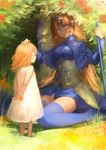  age_difference armor arms_behind_back bangs blonde_hair blue_eyes blue_legwear breasts child closed_eyes commentary dress facing_another fate/apocrypha fate_(series) flower grass headpiece highres holding holding_flower hoojiro jeanne_d'arc_(fate) jeanne_d'arc_(fate)_(all) long_hair looking_at_another medium_breasts multiple_girls nature petting sitting smile thighhighs wariza white_dress 