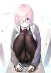  :o ankle_boots black-framed_eyewear blush boots breast_press breasts brown_footwear crotch_seam derauea fate/grand_order fate_(series) full_body glasses grey_jacket hair_over_one_eye highres jacket knees_to_chest knees_together_feet_apart knees_up long_sleeves looking_at_viewer mash_kyrielight medium_breasts necktie open_clothes open_jacket panties panties_under_pantyhose pantyhose parted_lips pink_hair purple_eyes red_neckwear shiny shiny_hair short_hair signature solo squatting underwear white_panties 