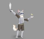  anthro armor clothed clothing feline fur happy-cat male mammal melee_weapon simple_background solo standing sword weapon whiskers 