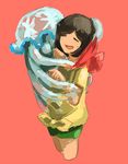  :d beanie black_hair closed_eyes cropped_legs flower gen_7_pokemon green_shorts hat hat_removed headwear_removed jellyfish mizuki_(pokemon) nihilego open_mouth pink_background pleo pokemon pokemon_(creature) pokemon_(game) pokemon_sm red_hat shirt short_hair short_sleeves shorts simple_background smile standing sweatdrop tied_shirt tongue ultra_beast yellow_shirt 