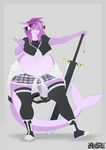  anthro clothed clothing elmelie female fish hair horn lazy-dez looking_at_viewer marine melee_weapon obese overweight shark smile solo standing sword weapon 