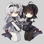  2girls @_@ anchor_symbol black_bodysuit black_hair black_headband black_sailor_collar black_skirt bodysuit brown_eyes chou-10cm-hou-chan_(suzutsuki&#039;s) clothes_writing commentary_request full_body grey_background grey_jacket hachimaki hair_between_eyes hair_flaps hairband hatsuzuki_(kantai_collection) headband jacket kantai_collection long_hair miniskirt multiple_girls neckerchief one_side_up oniku_(oishii_oniku) pleated_skirt sailor_collar school_uniform serafuku short_hair silver_hair simple_background skirt suzutsuki_(kantai_collection) white_bodysuit white_neckwear white_skirt 