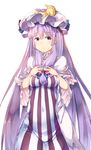  :o bangs blue_bow blunt_bangs blush bow breasts capelet commentary_request covered_navel cowboy_shot crescent dress hair_bow hat impossible_clothes impossible_dress long_hair looking_at_viewer medium_breasts mob_cap pajamas patchouli_knowledge pink_bow purple_eyes purple_hair sidelocks solo striped sugiyuu touhou vertical-striped_dress vertical_stripes very_long_hair 
