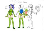  1girl ass back blue_hair breasts character_sheet concept_art cosplay elbow_gloves female full_body garada_k7 gloves green_gloves kappa leotard looking_at_viewer ponytail red_eyes robot_girls_z shell short_hair side_ponytail simple_background smile solo 
