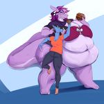  absurd_res anthro burger canine clothed clothing duo elmelie female fish food grindavikbydaylight hi_res mammal marine obese overweight saliva shark standing teeth thick_thighs underwear 