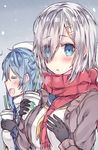  =_= bag beret black_gloves blue_eyes blue_hair breasts commentary cup drinking_straw eyes_visible_through_hair gloves grey_hair hair_over_one_eye hamakaze_(kantai_collection) hat heavy_breathing jacket kantai_collection kvlen large_breasts long_hair multiple_girls neckerchief open_mouth scarf school_uniform serafuku shoulder_bag smile starbucks upper_body urakaze_(kantai_collection) 