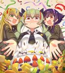  anchovy anzio_school_uniform bangs belt black_hair black_neckwear black_shirt blonde_hair braid brown_eyes cake cape carpaccio closed_mouth confetti dress_shirt drill_hair fireworks food from_below fruit girls_und_panzer grapes green_eyes green_hair grey_jacket happy highres jacket kemu_(guruguru_dan) long_hair long_sleeves looking_at_viewer melon military military_uniform multiple_girls necktie open_mouth pepperoni_(girls_und_panzer) reaching red_eyes school_uniform senkou_hanabi shirt short_hair side_braid smile sparkler standing strawberry tearing_up twin_drills twintails uniform upper_body white_shirt 