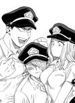  2boys blush boku_no_hero_academia breasts clenched_hand greyscale hair_over_one_eye highres hirokou large_breasts long_hair looking_at_another looking_down monochrome multiple_boys sandwiched school_uniform shishikura_seiji short_hair short_sleeves simple_background upper_body utsushimi_kemii white_background yoarashi_inasa 