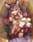  animal_ears arms_behind_back bare_shoulders bdsm bell blush bondage boots bound bound_arms bound_legs bow_(bhp) box breasts brown_eyes cleavage ears_through_headwear erune gag gagged gift granblue_fantasy grey_hair hair_between_eyes hood improvised_gag in_box in_container jingle_bell large_breasts long_hair looking_at_viewer lying nose_blush on_back panties red_eyes red_footwear restrained ribbon santa_costume sen_(granblue_fantasy) silver_hair solo tail tears underboob underwear white_panties 