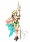  1girl absurdly_long_hair blonde_hair blue_eyes blush bow breasts cleavage dress full_body helmet highres large_bow large_breasts light_smile long_hair looking_at_viewer low-tied_long_hair open_mouth polearm riesz seiken_densetsu seiken_densetsu_3 short_dress solo spear trident very_long_hair weapon winged_helmet 