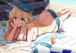  aqua_eyes arm_support ass atago_(kantai_collection) ball barefoot beach_towel beachball blonde_hair bottle breasts cleavage cooler hat kantai_collection large_breasts long_hair lotion lying omaru_gyuunyuu on_stomach shadow smile solo sunlight sunscreen towel water_bottle wide_hips 
