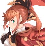  absurdres black_gloves blush breasts brown_hair cape clarisse_(granblue_fantasy) gloves granblue_fantasy green_eyes heart highres long_hair looking_at_viewer medium_breasts ponytail ranf ribbon solo 