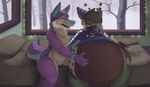  2016 accidentalaesthetics akita alien anthro axi bed bedroom belly big_belly canine clothed clothing clothing_too_small detailed_background digital_media_(artwork) digital_painting_(artwork) dog eyewear fur gemini glasses hand_on_stomach hybrid hyena inflation male mammal nude open_mouth overweight overweight_male purple_fur signature snow sound_effects tree window winter 