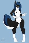  2016 aimi alitica anthro areola black_fur blue_hair breasts canine casual_nudity digital_media_(artwork) dog female fur hair husky long_hair looking_at_viewer mammal navel nipples nude piercing simple_background smile solo standing white_fur yellow_eyes zuhra 