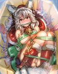  animal_ears arms_behind_back bell blush boots bow_(bhp) box breasts cleave_gag cloth_gag erune gag gagged gift granblue_fantasy grey_hair hair_between_eyes improvised_gag in_box in_container jingle_bell large_breasts long_hair looking_at_viewer lying on_back panties red_eyes restrained ribbon sen_(granblue_fantasy) solo tears underwear 