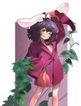  ;p ahoge animal_ears bangs black_hair bunny_ears buttons collarbone eyebrows_visible_through_hair flat_chest food holding holding_food inaba_tewi legs_apart long_sleeves looking_at_viewer naked_shirt one_eye_closed plant purple_shirt radish red_hair shirt short_hair sleeves_past_wrists smile solo tanuk tongue tongue_out touhou vegetable 
