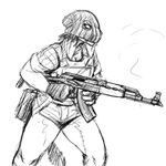  ak-47 anthro armor assault_rifle black_and_white breasts cleavage clothed clothing donkey equine female gun hladilnik long_ears mammal mask monochrome ranged_weapon rifle solo weapon 